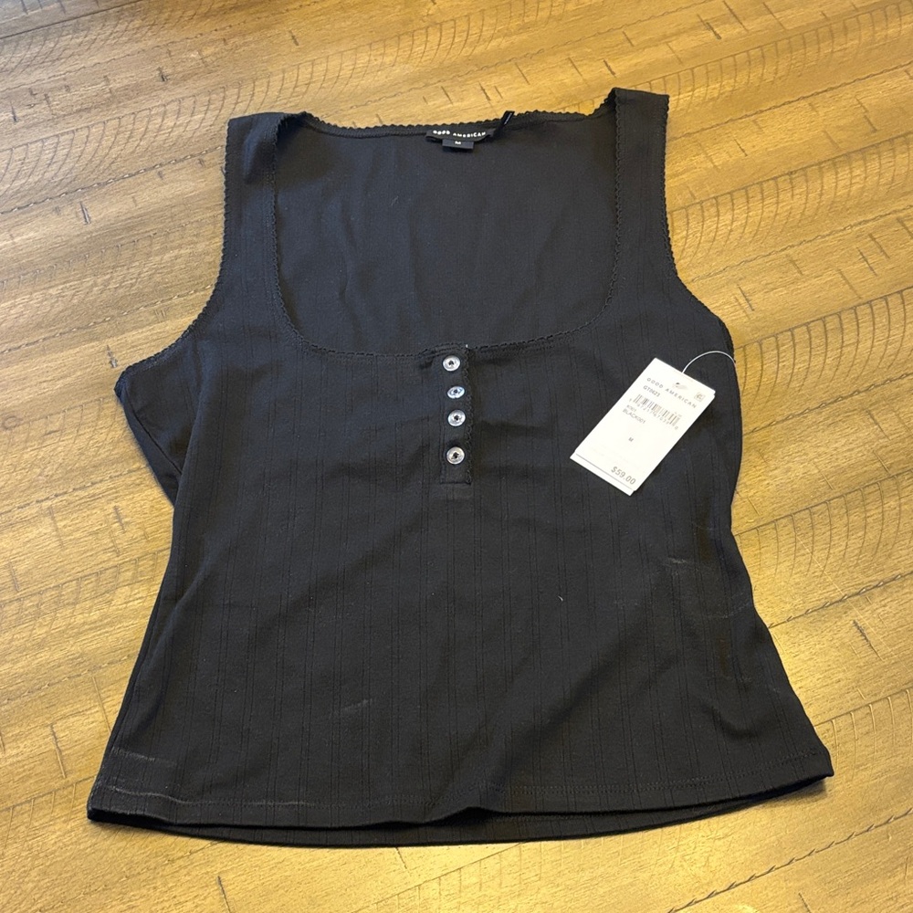Good American Black Button-Detail Tank Top